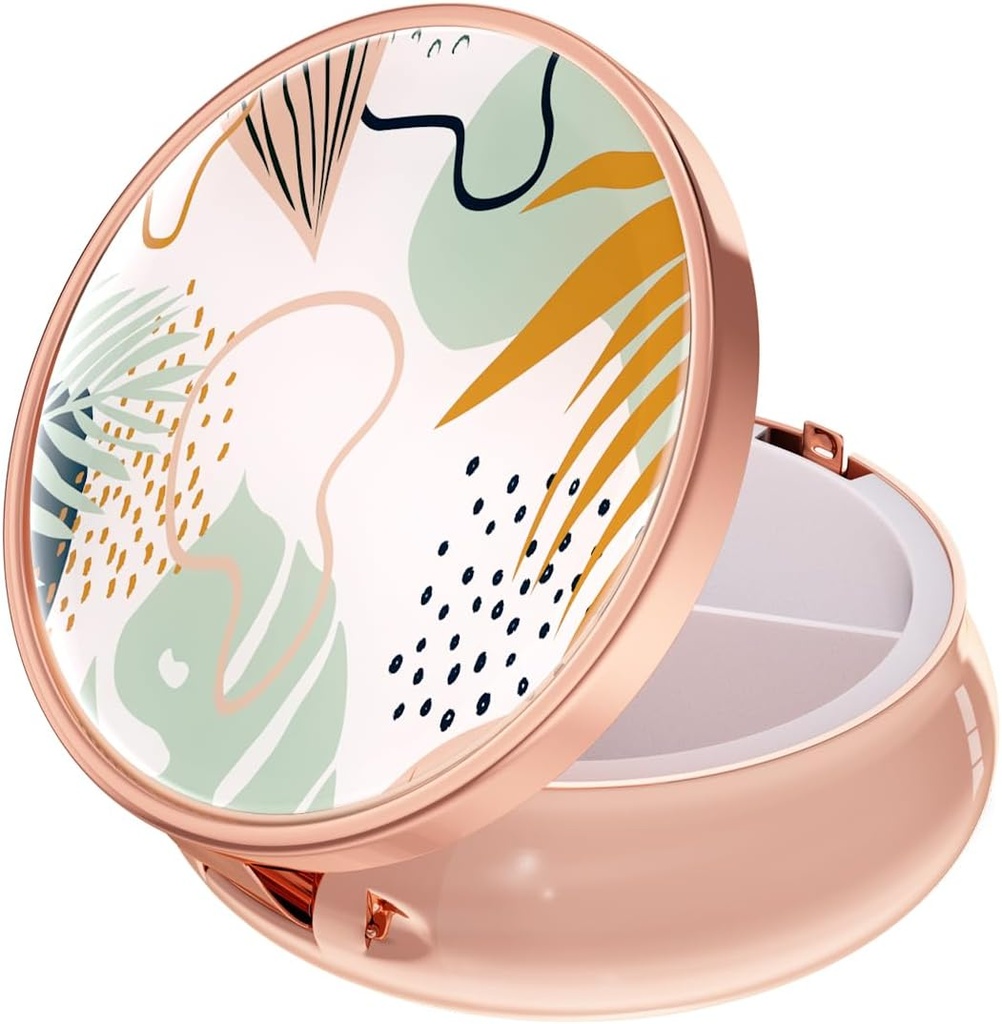 Rouidr Pill Box, 3 Compartiment Medicine Pill Case, Small Metal Travel Medicine Box for Purse & Pocket, Rose Gold, Boho Leaves
