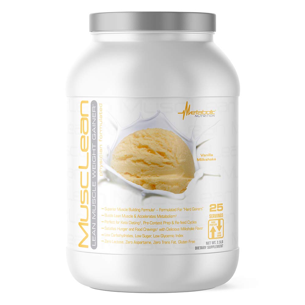 Metabolic Nutrition - Musclean - Milkshake Weight Gainer, Whey High Protein Meal Replacement, Maintenance Nutrition, Low Carb, Keto Diet, Digestive Enzymes, Vanilla, 2.5 Pound (25 ser)