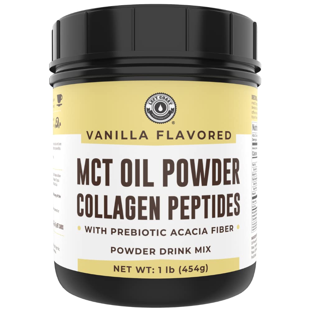 Keto MCT Oliepoeder + Collageen + Prebiotic Acacia Fiber, Vanille smaak, 16oz. MCT Oliepoeder van Kokosnoten. Gras Fed Collagen, Perfect voor Keto, 0 Net Carb, Stevia, Erytritol, Poederd Drink