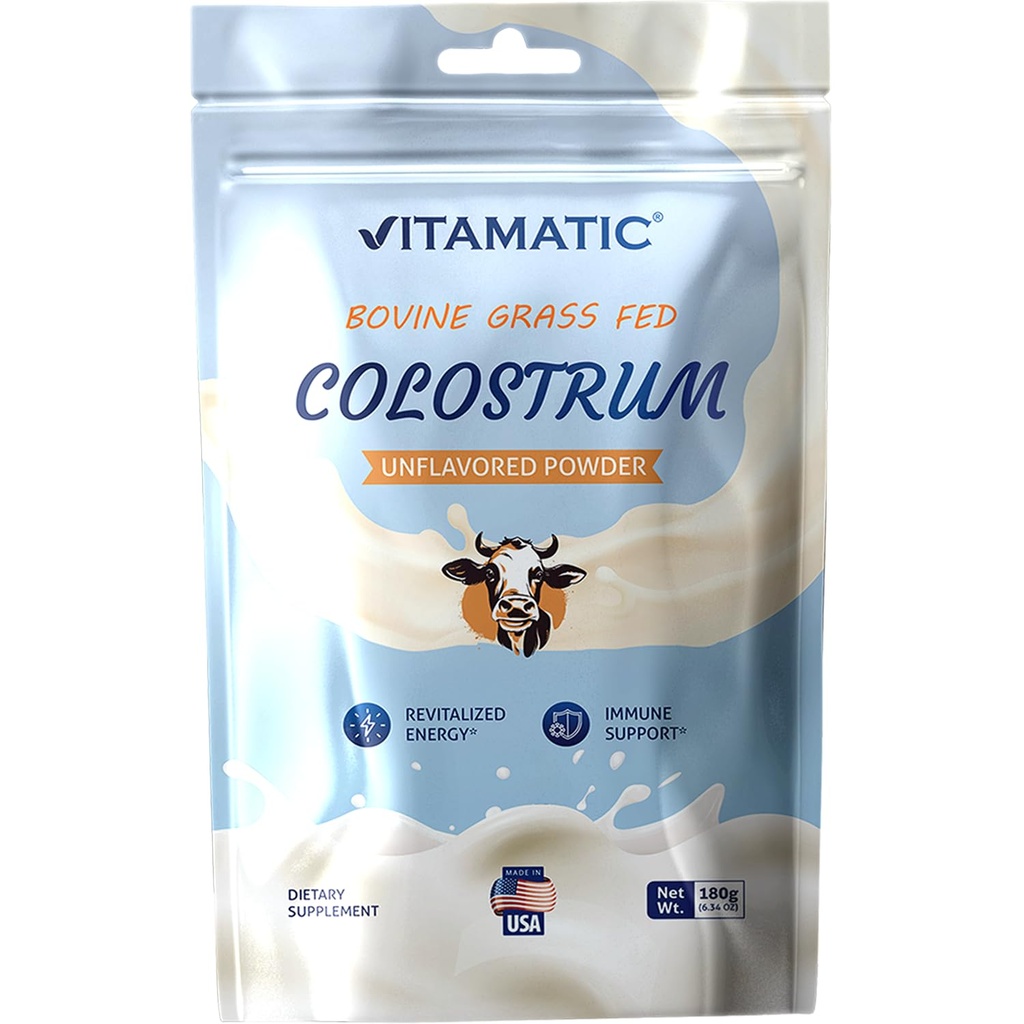 Vitamatic Bovine Colostrum 30% IgG Powder 180 gram (6,34 OZ) - Supplement voor Gut Health, Hair Growth, Beauty, Muscle Recovery, & Immuun Support - Easy to Mix - (Unflavored)