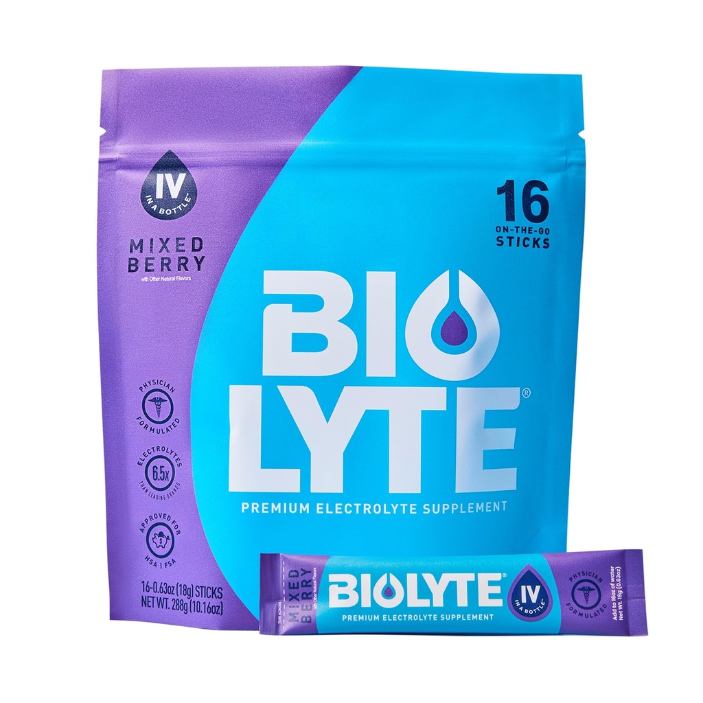 BIOLYTE IV Electrolyte poederverpakkingen, IV Liquid Drink Mix voor water, dokter-ontwikkelde hydratatie, HSA goedgekeurde dehydratatie Relief, Chemotherapie Must Haves voor vrouwen en mannen - gemengde bes (16 sticks)