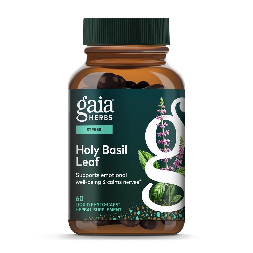 Gaia Herbs Holy Basil Leaf - Supports Healthy Cortisol Levels Over Time - Traditionally Used to Support Stress Response - Adaptogenic Ayurvedic Herb* - 60 Vegan Liquid Phyto-Caps (30 Servings)