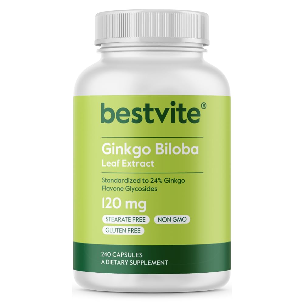 BESTVITE Ginkgo Biloba 120mg (240 Capsules) - Nee Stearates - Niet GGO - Glutenvrij - gestandaardiseerd tot 24% Ginkgo Flavone Glycosiden