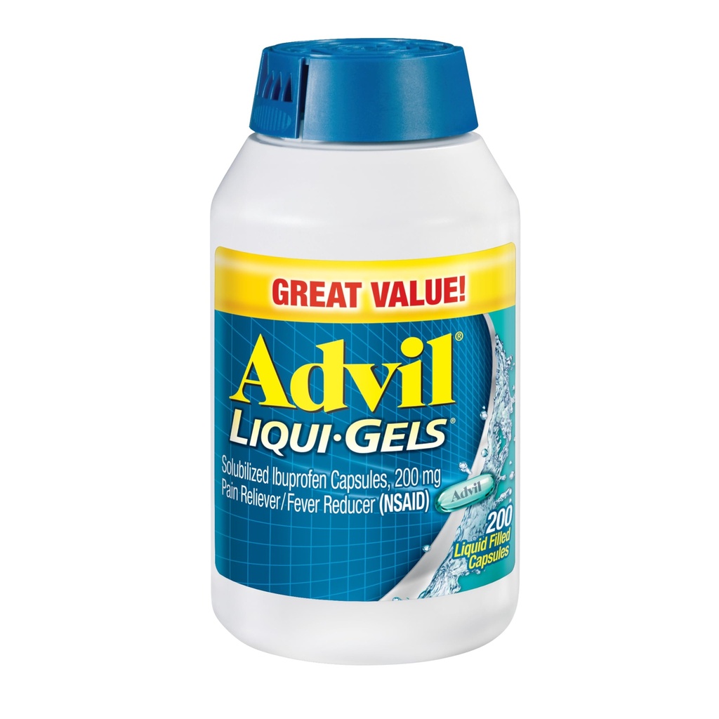 Advil Liqui-Gels pijnstiller en koortsreducer, pijnmedicijn voor volwassenen met Ibuprofen 200 mg voor hoofdpijn, rugpijn, menstruele pijn en gewrichtspijn verlichting - 200 vloeibare gevuld capsules