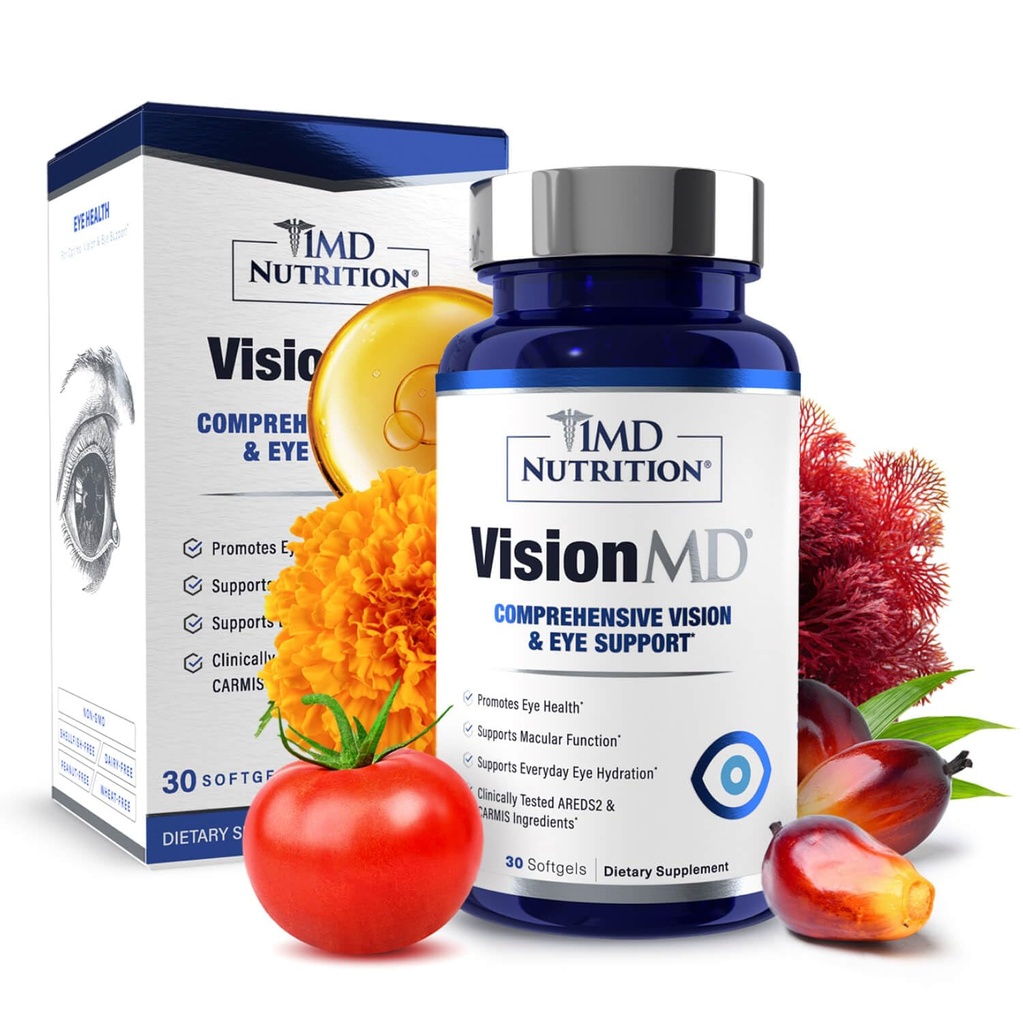 1MD Voeding VisionMD Oogvitamine CARMIS - Eye Supplement voor volwassenen - met OptiLut Lutein & Zeaxanthine - Ondersteunt Vision Health Care, Everyday Eye Strain, & Occasional Dry Eye - 30 Softgels