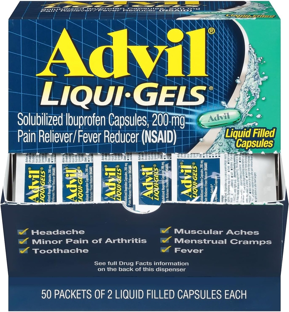 Advil Liqui-Gels Pain Reliver/Fever Reducer, Solubilized Ibuprofen 200mg, 2/Packet, 50 Packets/Box (016902)
