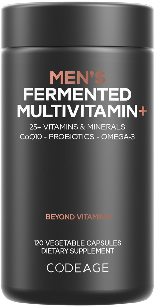 Codeage mannen Dagelijkse Multivitaminen 25+ Essentiële Vitaminen & Mineralen, Biologische Gehele Voedingen, Probiotica, Omega-3, Zink, Vitaminen A, B, C, D, E & K 120 Capsules