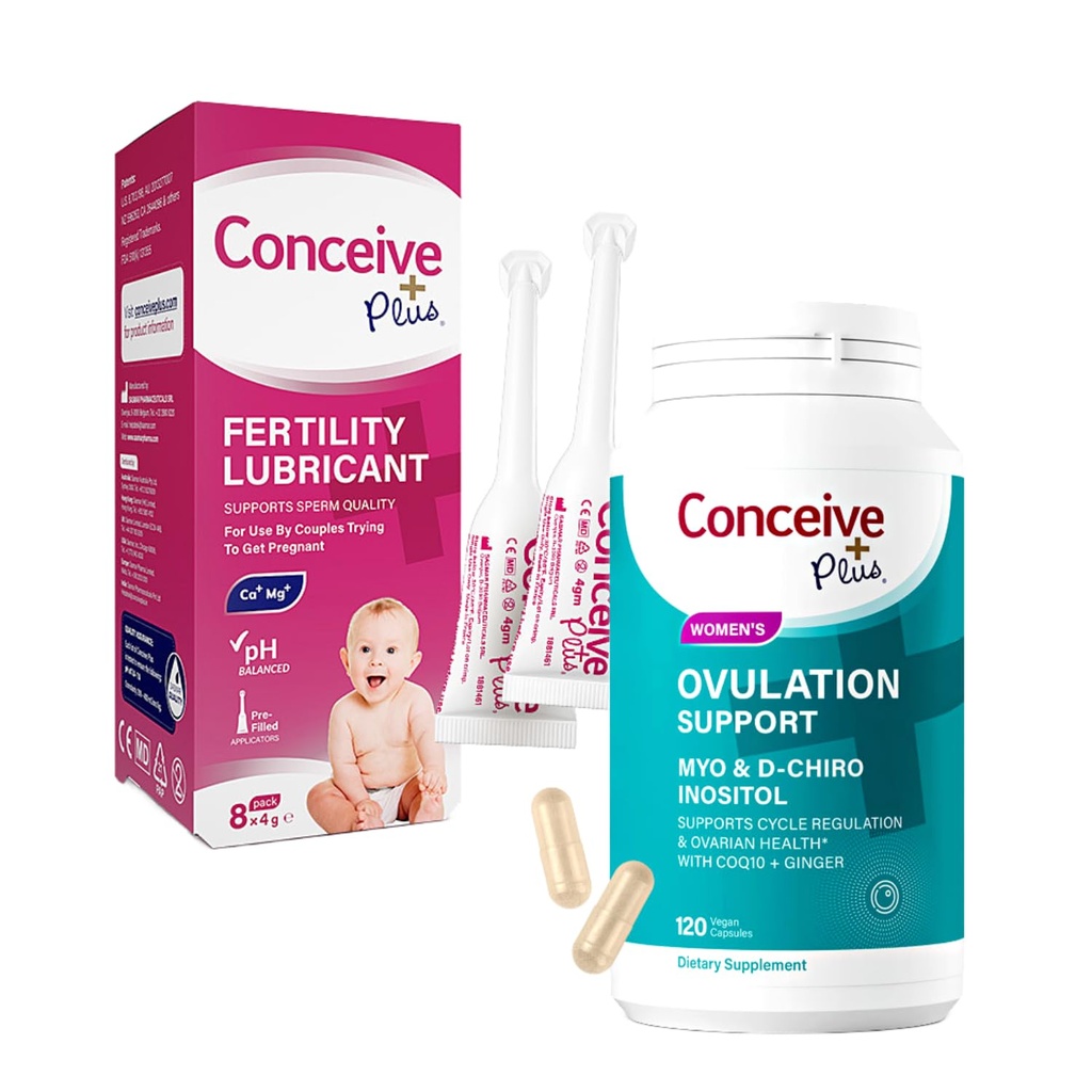 Conceive Plus Vruchtbaarheid Smeermiddel 8 x 4 Gram Applicatoren en Ovulatie Ondersteuning Inositol Supplement 120 Graaf bundel
