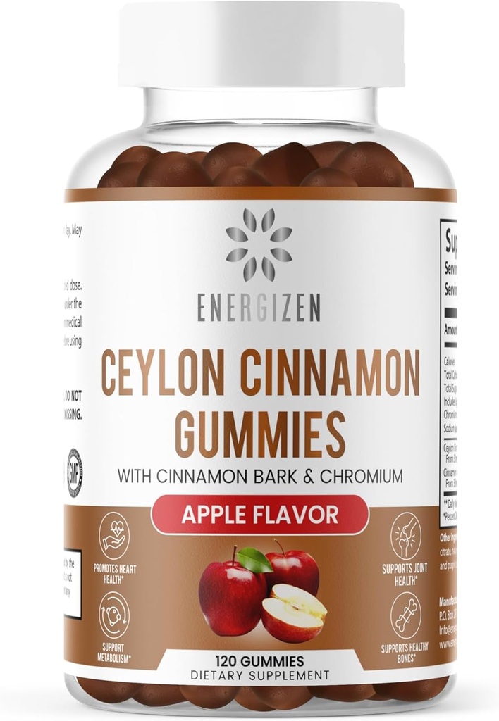 Kaneel + Chroom Gummies - 120 Vegan Gummies - Joint Pain & Brain Health Support, Sugar-Free, Antioxidant Rich, Non-GMO, Gluten-Free Supplement, Natuurlijke Apple smaak