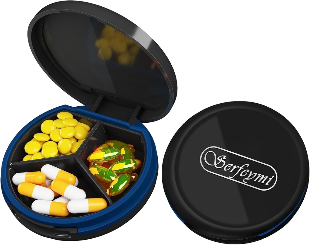 Serfeymi Small Pill Box - 3 Compartments Portable Pill Box for Purse Pocket, Compact Mini Travel Pill Case - Geschikt voor medicijnen, vitamine, visolie, supplementen - Black(Logo)