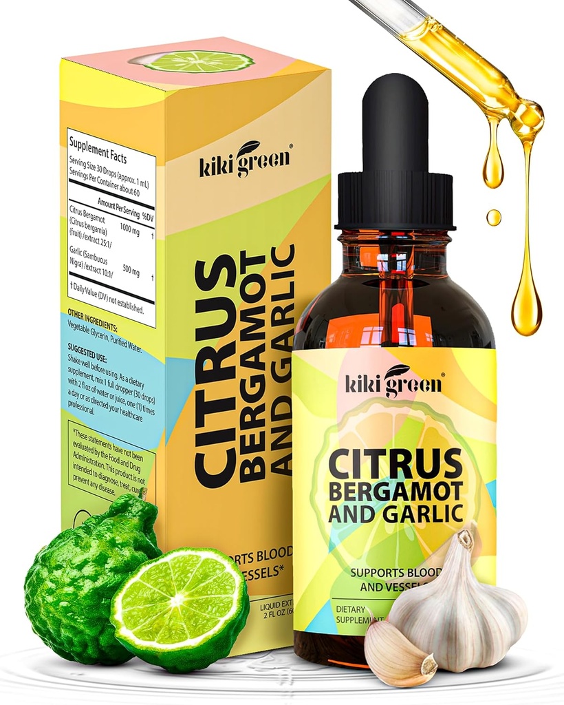 KIKI Green Liquid Citrus Bergamot & Knoflook Extract - Citrus Bergamot Supplement voor de gezondheid van het hart, het immuunsysteem en gezonde veroudering non-GMO, Glutenvrije supplement 2 Fl Oz.