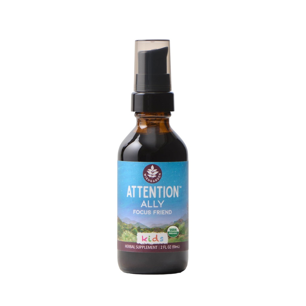 WishGarden Herbs Attention Ally Focus Friend for Kids & Teens, 2oz | Attention & Focus Support, Gotu Kola, Passionflower & Skullcap, Stimulant-Free, USDA Organic, Non-GMO, Gluten-Free, Vegan