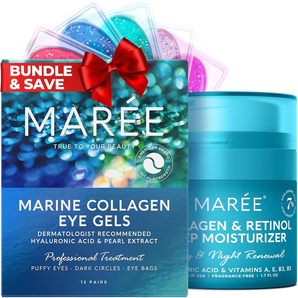 MAREE Eye Gels & Collageen Moisturizer Face Cream Bundle - Under Eye Gels for Puffy Eyes and Dark Cirkels, Anti Aging Face Cream with Hydrating Effect - Marine Collageen & Hyaluronic Acid, Retinol