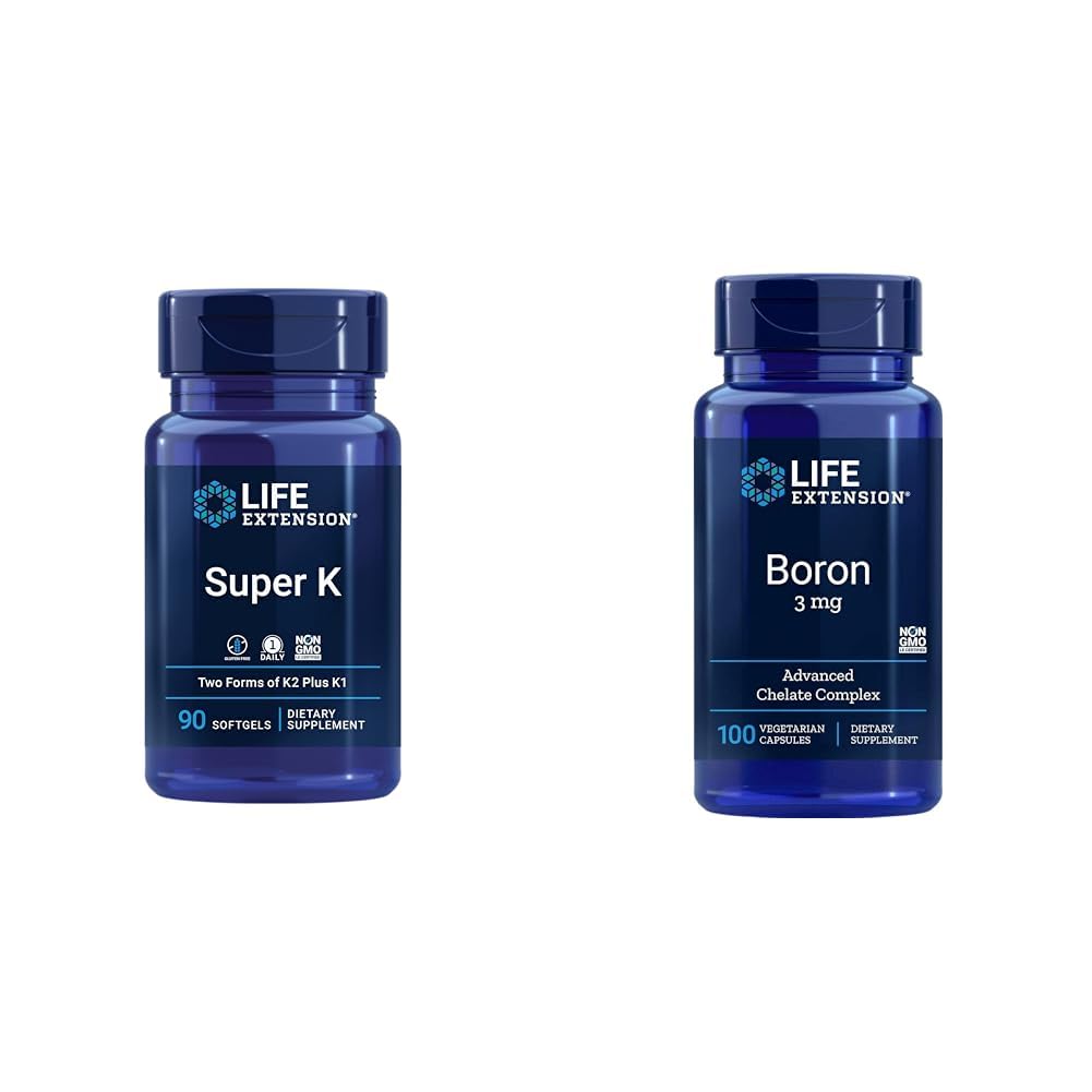 Levensverlenging Super K Vitamine K1, K2 MK-7, MK-4, Vitamine C, Bone/Heart Health, 3-maand levering en Boron 3 Mg 100 Vegetarische Capsules