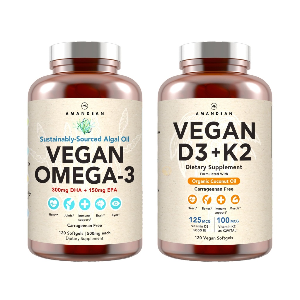 Vegan Powerhouse Combo. Omega-3 van Algal Oil & Vitamin D3 + K2. Plant-based 5000 iu VIT D van Algae. 100 mcg All-Trans MK-7 Vita K. Carrageen Free Veggie Softgels.