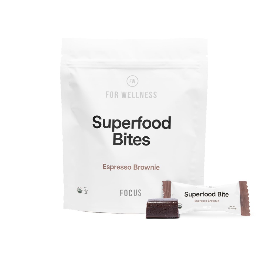 Voor Wellness Superfood Focus Bites (10 Graaf), Cocoa Espresso Brownie Vermindert vermoeidheid, Verbetert spijsvertering en ondersteuning Hersenfunctie