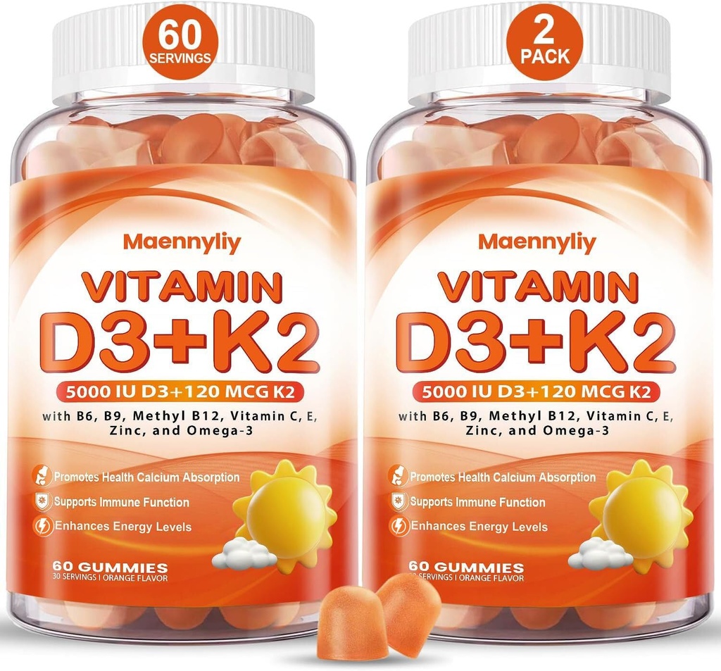 Vitamine D3 K2 Gummies voor volwassenen - Vitamine D3 5000IU + K2 (MK-7) 120mcg - Suikervrije D3 en K2 Supplementen met Omega-3, Methyl B12, B9, B6, Vitaminen E & Zink - voor Calcium Absorptie & Immune Health