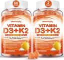 Vitamine D3 K2 Gummies voor volwassenen - Vitamine D3 5000IU + K2 (MK-7) 120mcg - Suikervrije D3 en K2 Supplementen met Omega-3, Methyl B12, B9, B6, Vitaminen E & Zink - voor Calcium Absorptie & Immune Health