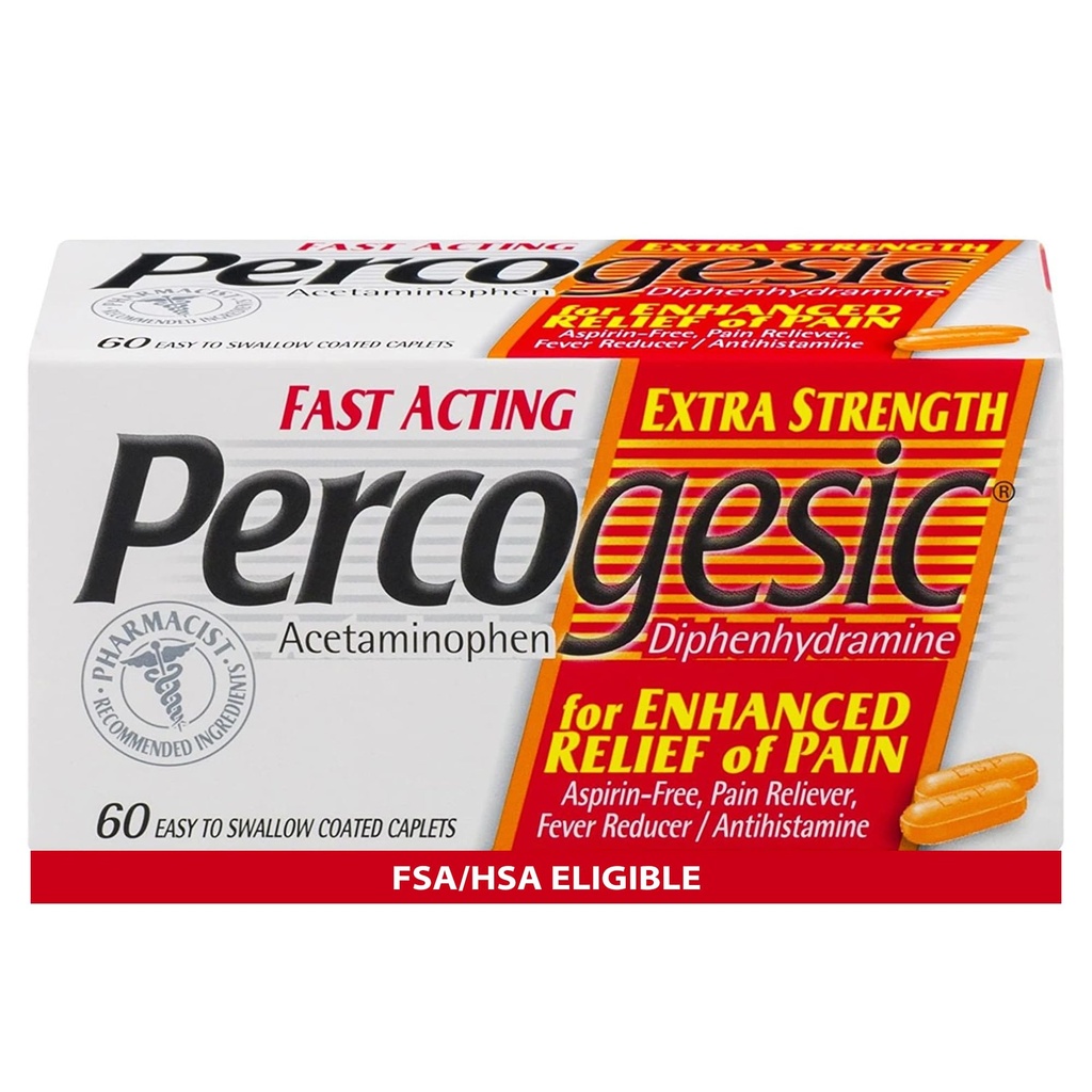 Percogesic Extra Strength Acetaminofen & Difenhydramine pijnverlichting, snelwerkende Aspirine-vrije koorts Reducer & Antihistamine, 60 Tel.