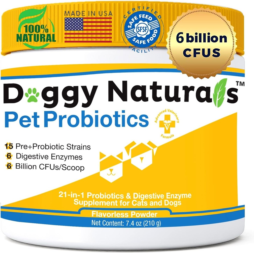Probiotics for Dogs and Cats - Max-Strength with15 Strains Pre &Probiotics Digestive Health, Increase & Maintain Proper Gut Flora(Made in USA) 7.4 Oz (6 Billion CFU Per Scoop)