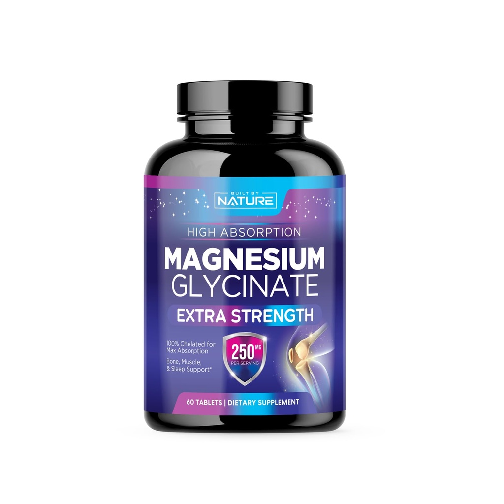 Magnesium Glycinate 250mg - High Absorption Chelated Magnesium Supplement - 100% Pure Magnesium Glycinate - Stress, Sleep, Heart, and Muscle Health Support - Non-GMO, Vegan, Gluten-Free (60 Tablets)