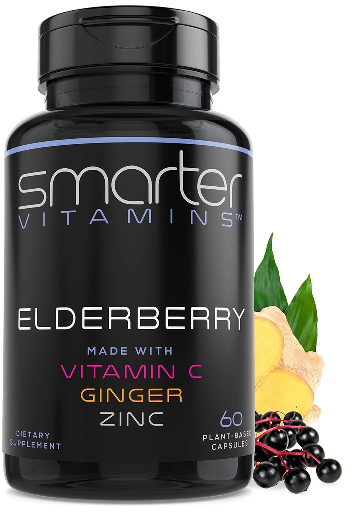Slimmere vlierbessencapsules + vitamine C + gember & zink, kruidensupplement, krachtige zwarte vlierbessenextract Antioxidant vitamine, 60 veganistische pillen