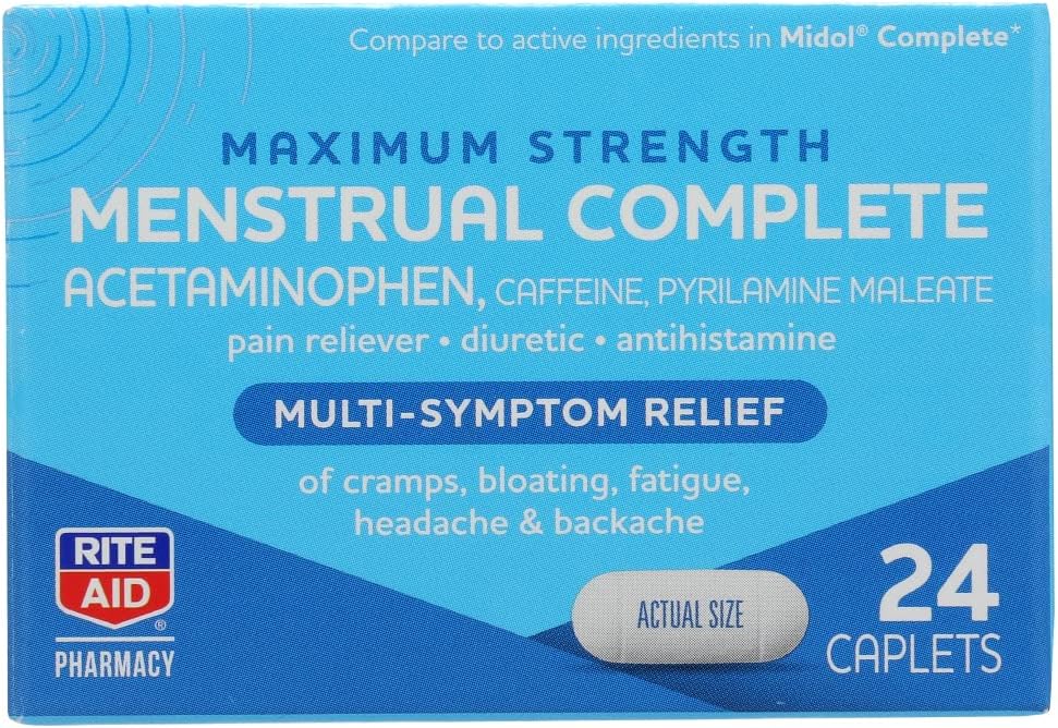 Rite Aid, Apotheek Menstrual Multi Symptoom Relief Caplets Maximale sterkte, 24 Tellen
