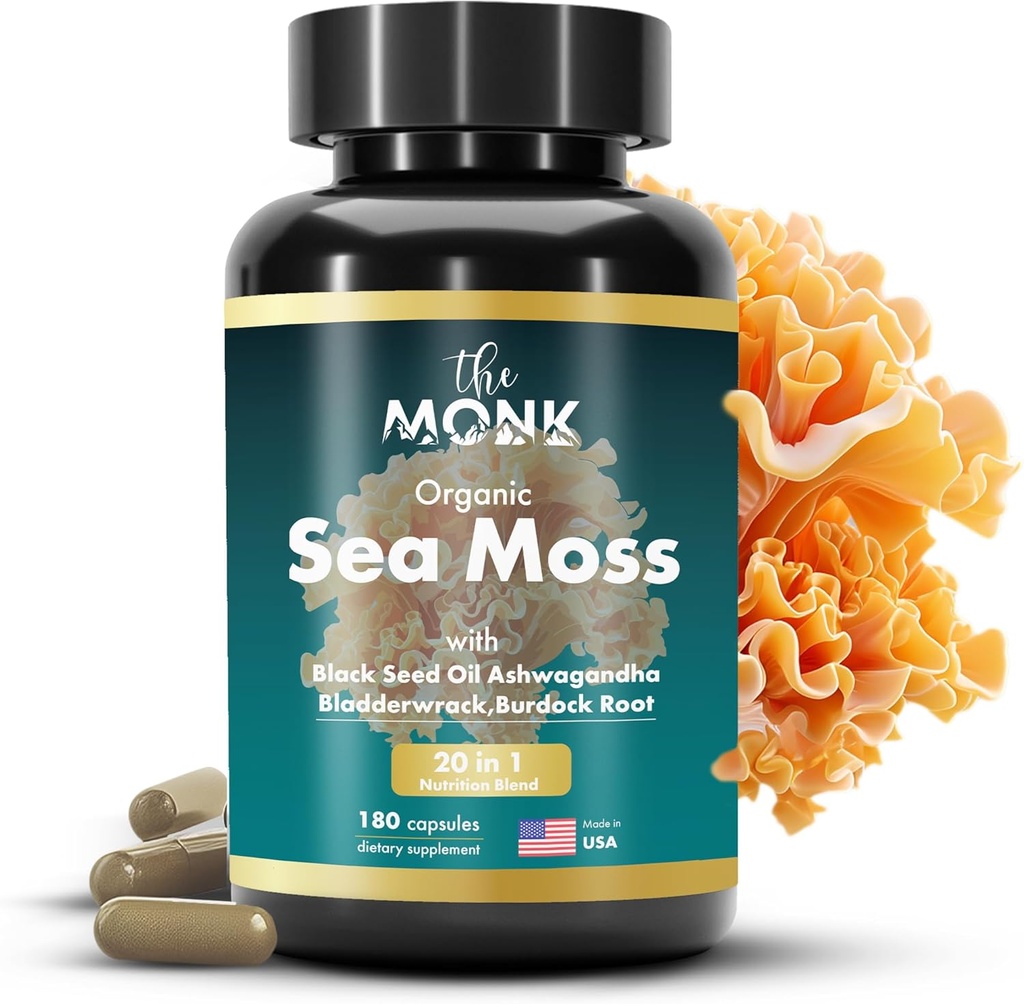 Biologische Irish Sea Moss Capsules - Advance Formula, Raw Wildcrafted Seamoss Supplement met Bladderwrack en Burdock Root - 180 Pillen - Made in The USA