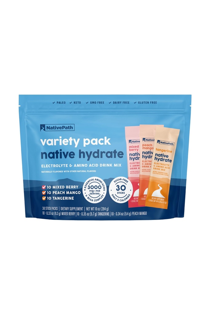 NativePath Native Hydrate Stick Packs met Elektrolyten en Aminozuren, Variety Pack, Gemengde Berry, Peach Mango, Tangerine, 30 porties