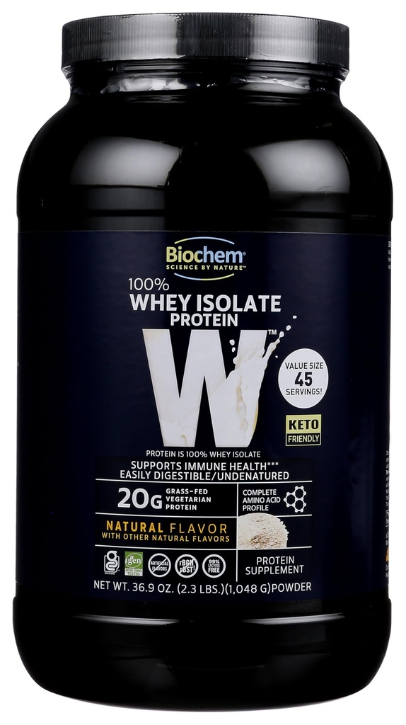 Biochem 100% Whey Isolate Protein - Natural Flavor - 20g of Protein - Pre & Post Workout - Meal Replacement - Keto-Friendly - Easily Digestible - Silky Smooth Taste - Easy to Mix (36.9 oz)