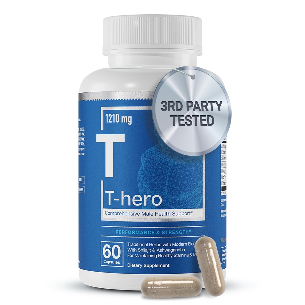 Essentiële elementen T-Hero - Daily Testosteron Support for Men - Promoot vitality & Drive - met Ashwagandha, Shilajit, Boron, DIM - 60 Count - 30 Servers