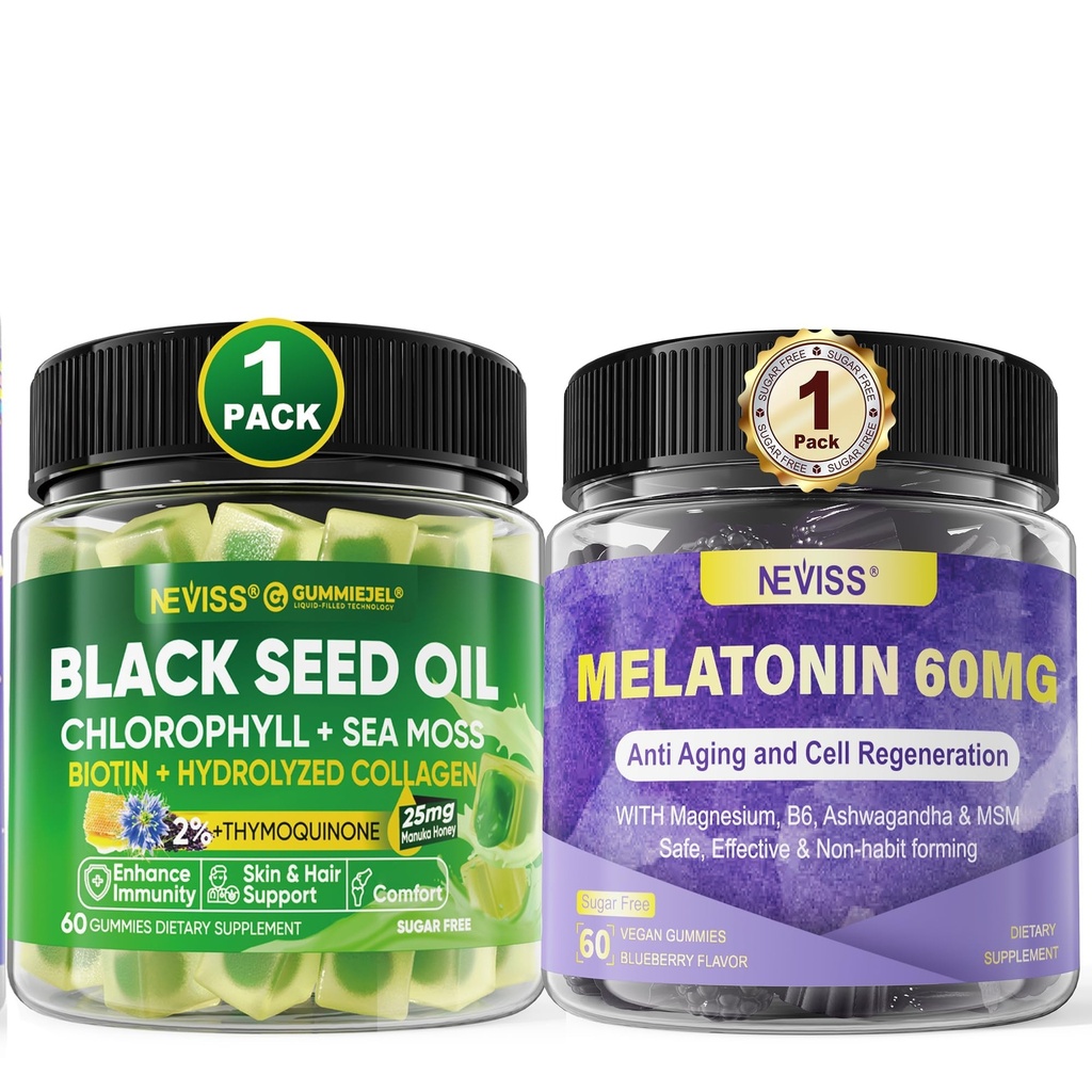 NEVISS Melatonine 60mg Gummies + Black Seed Oil Gummies