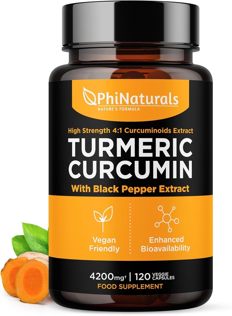 Phinaturals Kurkuma Curcumine Supplement met Black Pepper Extract - 4200 mg Whole Curcuma Root Equivalent Per 3 Capsules Serving - Tumeric Pillen