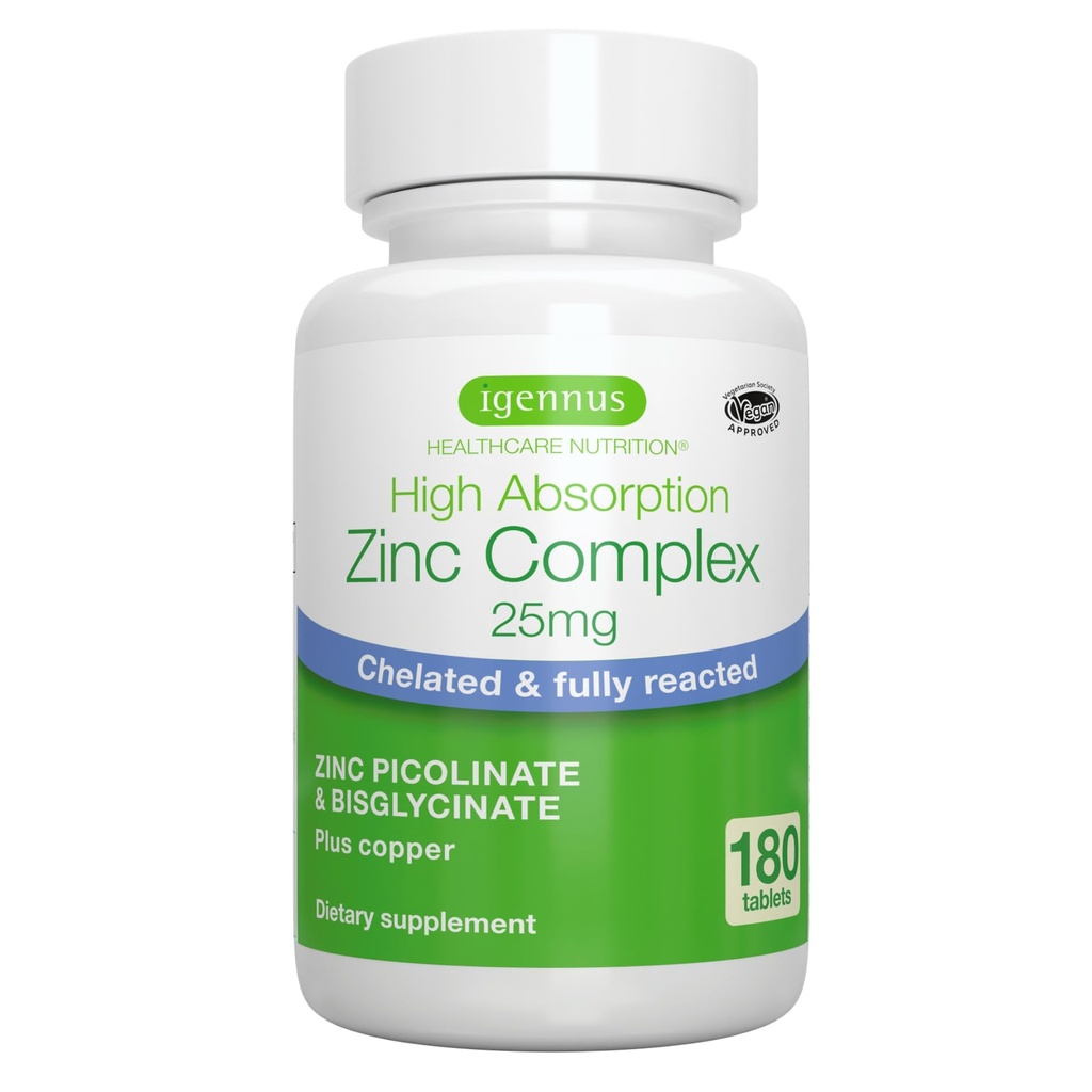Igennus Clean Chelated Zink 25mg met koper, volledig gereacteerd Picolinaat & Bisglycinaat, High Absorptie Complex, Supplement voor vrouwen en mannen, Lab geverifieerd, Non-GMO, Immuun & Skin Support, 6 maanden supply