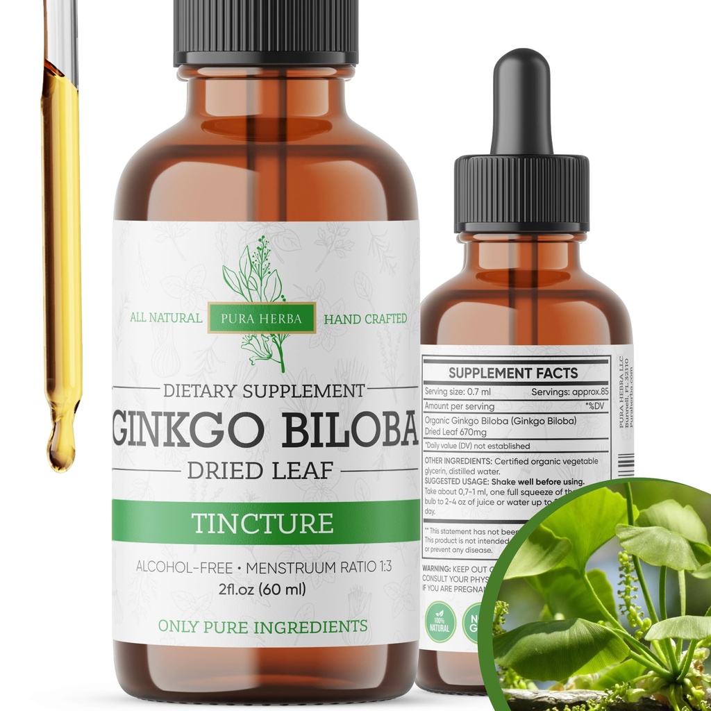 Pura Herba Ginkgo Biloba Extract Liquid 2 Fl Oz, Supplements for Brain Function and Memory Support, Alcohol Free, Vegan - 2 Fl Oz