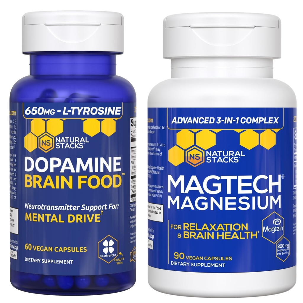 NATUURLIJKE STAKKEN Dopamine Hersenvoeding + Magtech Magnesiumbundel - Gecheld Magnesiumcomplex - Ondersteunt Hersengezondheid & Mental Drive* - 150 Totaal Capsules