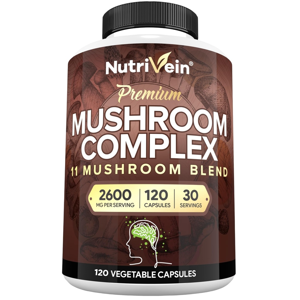 Nutrivein Premium Mushroom Supplement 2600 mg- Fles 120 Capsules- 11 Nootropic Mushroom Complex - Lion's Mane, Cordyceps, Chaga, Reishi, Turkije Tail,Maitake,Shiitake, Agaricus, White Button, Oyster