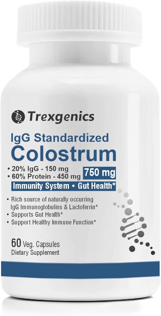 Trexgenics Colostrum 750 mg, 20% IgG, 60% Proteïne, Immuniteit, Gut Health Support Vegetarian & Non-GMO (60 Veg. Capsules) (verpakking van 1)