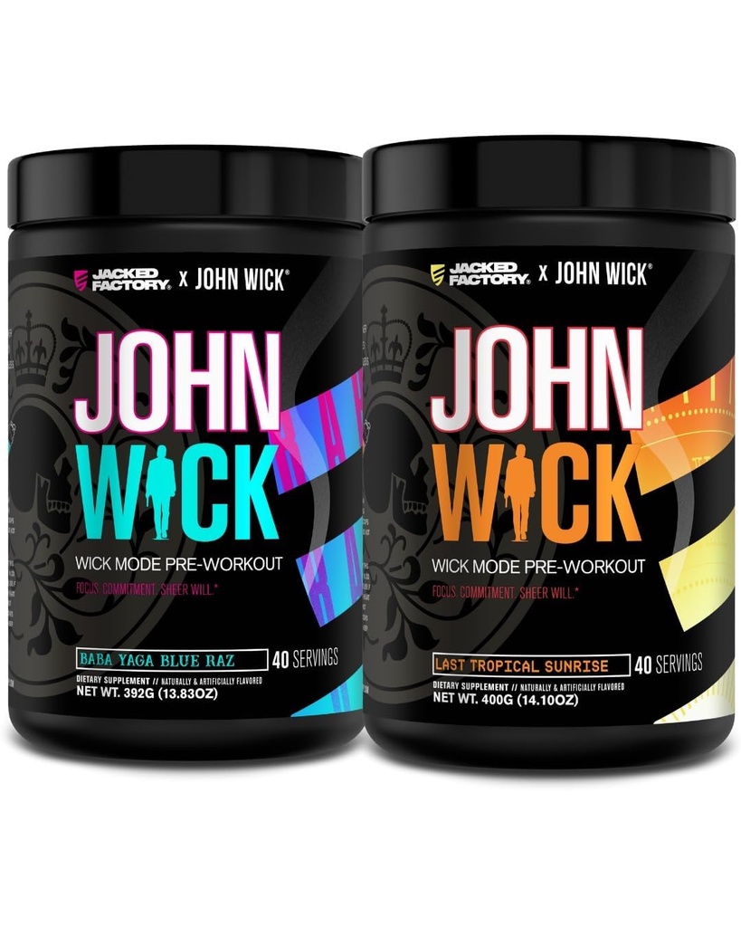 Jacked Factory X John Wick - Wick Mode Pre Workout Powder - Intense Energy, Battle-Ready Focus, Niet te stoppen inzet, en Sheer Will - Baba Yaga Blue Raz & Last Tropical Sunrise