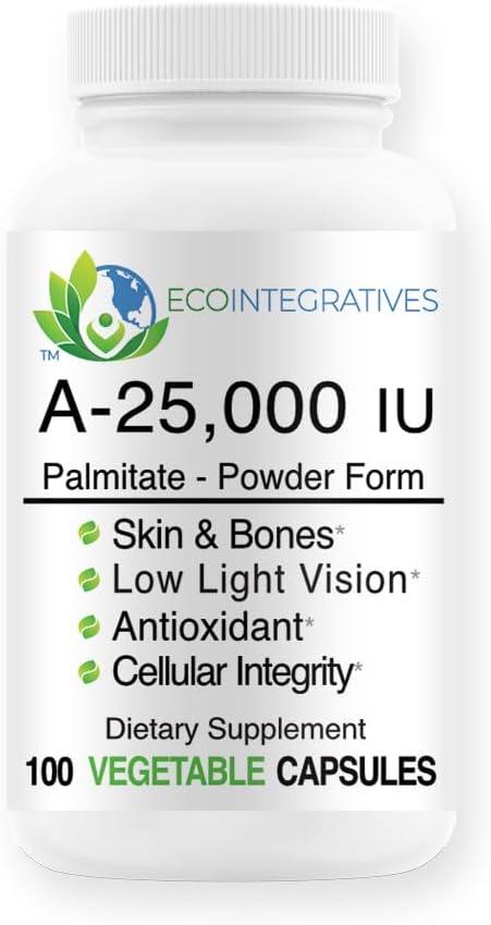 A-25.000 ie Palmitate Vegan, Powder Form (100 Capsules) Non-GMO, Ondersteunt Low Light Vision, Immuun Ondersteuning, Cellular Integrity of Skin & Bones, Antioxidant
