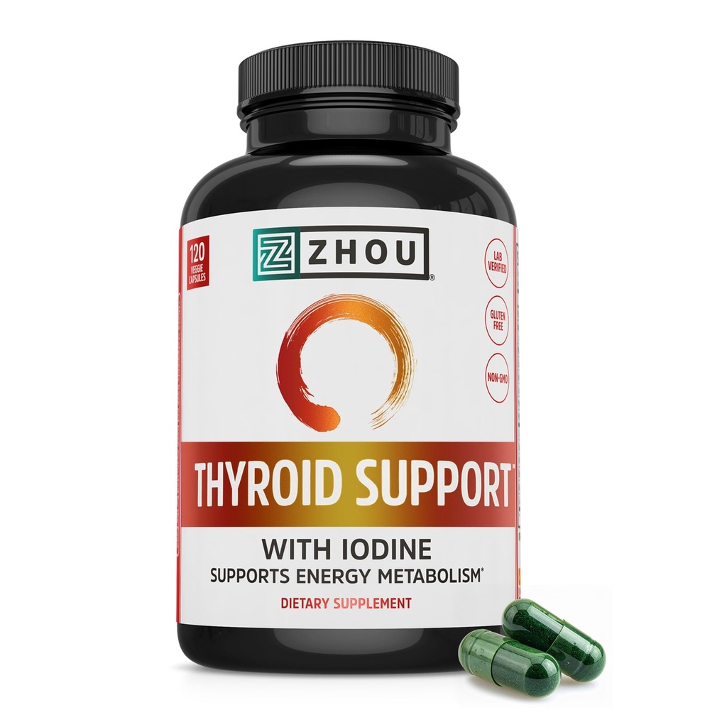 ZHOU Thyroid Support - Thyroid Supplement for Women & Men with Zinc, Iodine, & Selenium, Cellular Energy Thyroid Complex with Ashwagandha, Kelp - 120 Veggie Capsules (Pack of 1)