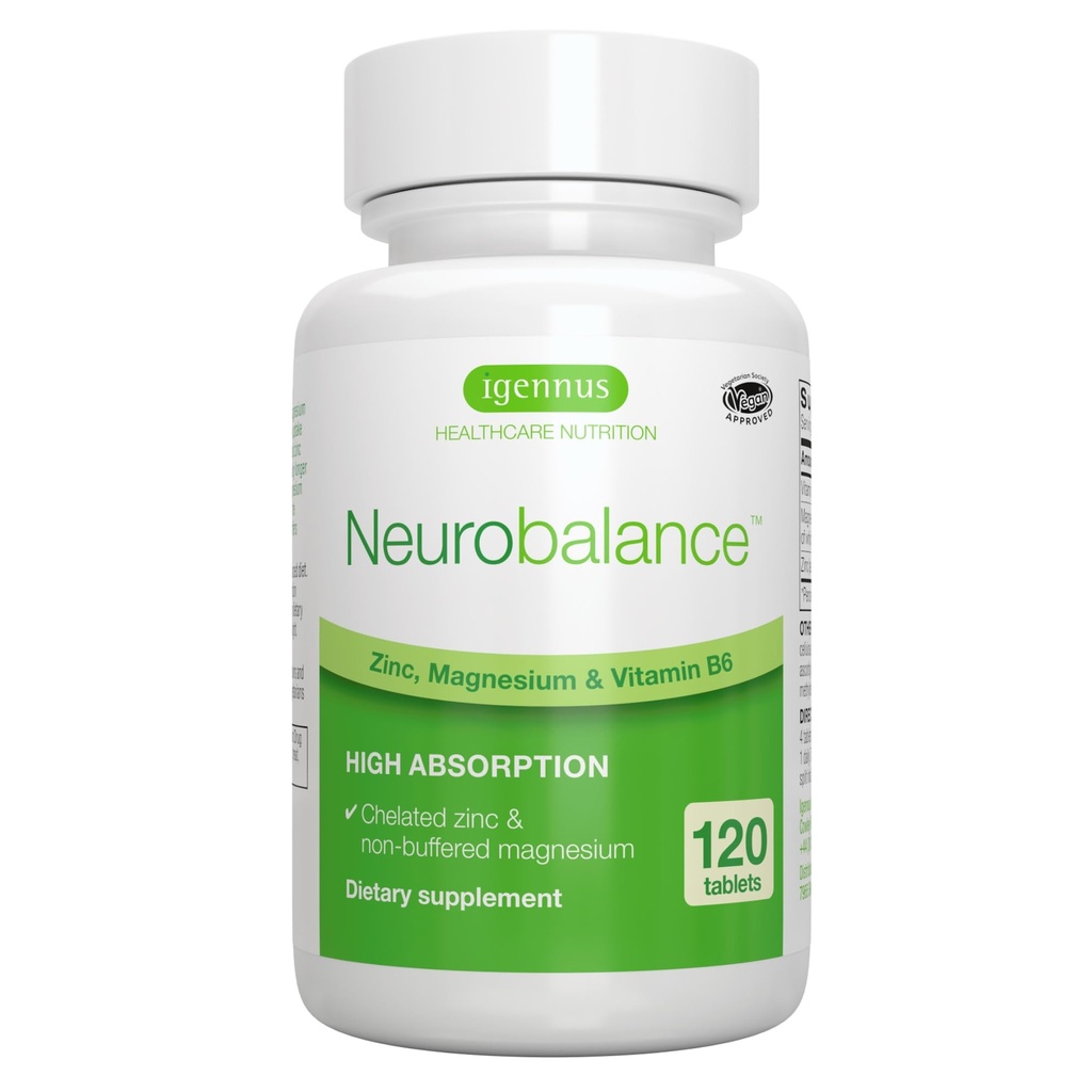 Igennus Neurobalans Zink Magnesium & B6 Complex Geformuleerd voor Cognitieve Ondersteuning, Kalmte Focus & Relaxatie, 120 kleine tabletten, Hoge Absorptie Gecheld Zink & Volledig Reacted Magnesium, Vegan, Non-GMO
