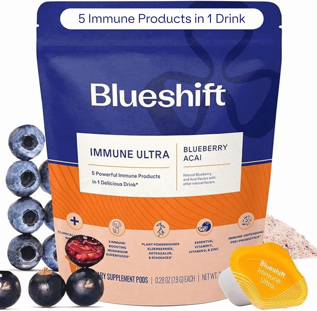 Blueshift Immune Ultra - 5-in-1 Immune Support Powder Drink Mix, Immune Defense Vitamine Supplement met Vitamine C, Zink, Superfoods, Antioxidanten, Pre en Probiotica - Blueberry Acai Pods (14 Pack)
