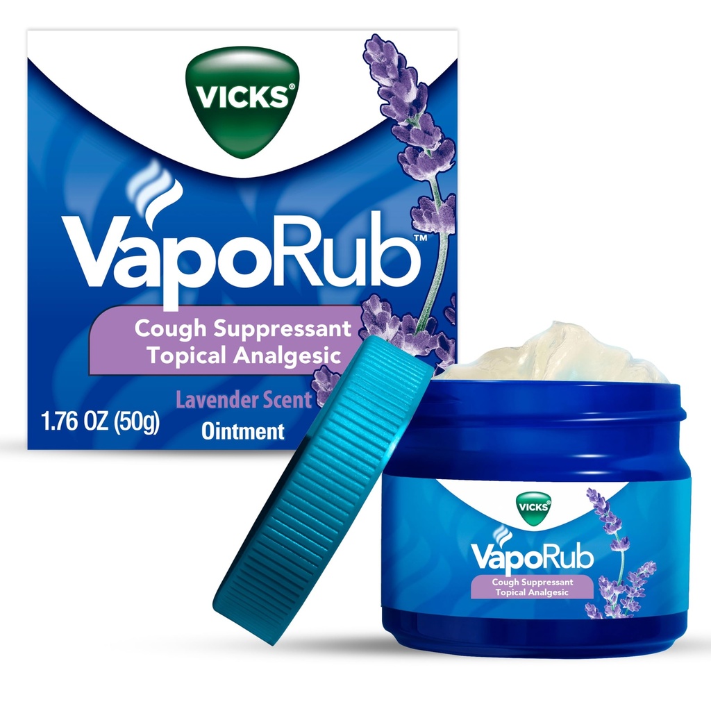 Vicks VapoRub, Lavendel Geur, Hoest Suppressant, Topical Chest Rub & Analgesic Zalf, Gemedicineerde Vicks Vapors, Verlossing van Hoest als gevolg van koude, pijn & pijnen, 1.76oz