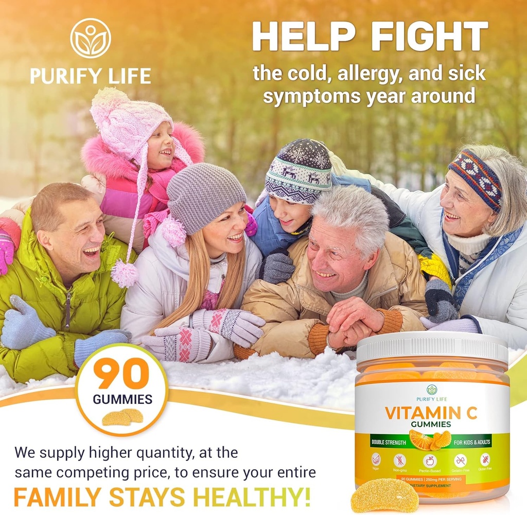 Krachtige vitamine C Gummies voor volwassenen en kinderen (Bulk - 90 Kauwen), Vegan Vitamin C Kauwtabletten voor dubbele sterkte Immune Ondersteuning, Gelatine en Glutenvrije Gummy, Vervangt VIT C pillen, Tabletten & Siroop