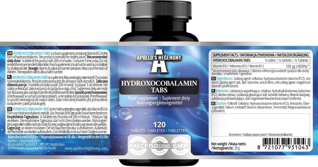 Hydroxocobalamin 100 µg per Serving - Vitamin B12-120 Vegan Tablets - 480 Servings - Supports Nervous System and Reduces Fatigue - Dietary Supplement by Apollo's Hegemony