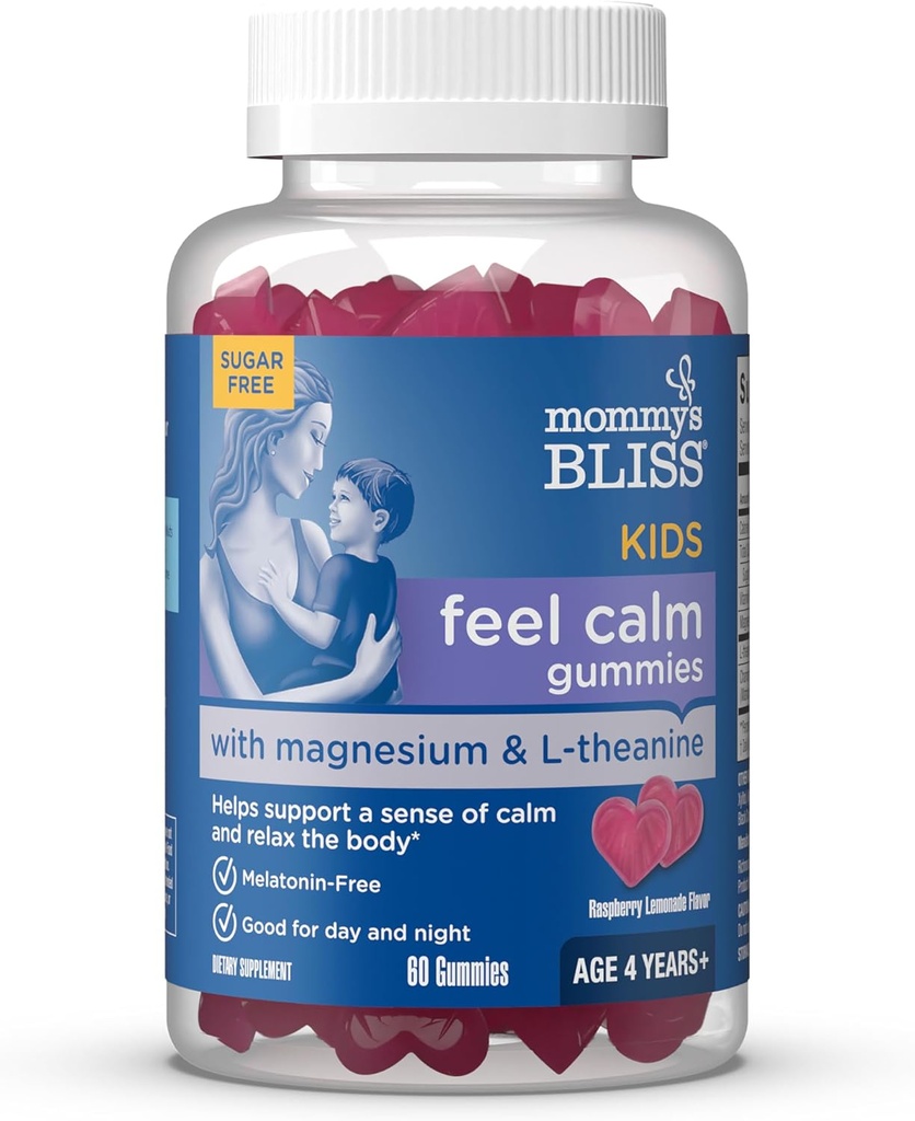 Mommy's Bliss Kids Feel Calm Gummies, Support a Sense of Calm and Relax The Body, Made with Magnesium, L-theanine, Sugar Free Raspberry Lemonade Flavor, Age 4+, 60 Gummies