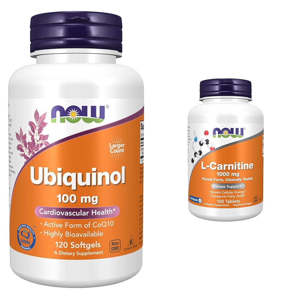 NOW Supplementen, Ubichinol 100 mg, Hoge Biobeschikbaarheid (De Actieve Vorm van CoQ10), 120 Softgels & Supplementen, L-Carnitine 1000 mg, Zuiverste Vorm, Aminozuur, Fitness Ondersteuning*, 100 Tabletten