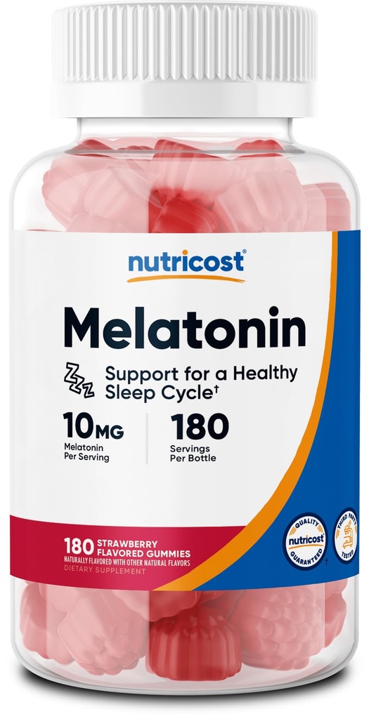 Nutricost Melatonine 10mg, 180 Gummies, Aardbei Smaak - Glutenvrij, Non-GMO, Geen maïs Siroop