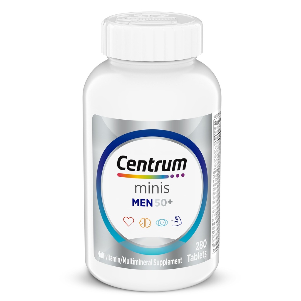 Centrum Minis Silver Multivitamine for Men 50 Plus, Multivitamine/Multimineral Supplement, Vitamine D3, B-Vitaminen en Zink, Non-GMO Ingrediënten, Ondersteunt geheugen en cognitie bij oudere volwassenen - 280 Ct
